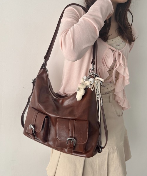Loueme(ルエム)の「ダブルポケット3WAYショルダーバッグ(ショルダーバッグ・レディース・ブラック/ブラウン/ライトブルー/ピンク/アイボリー・FREE)」の3枚目の写真