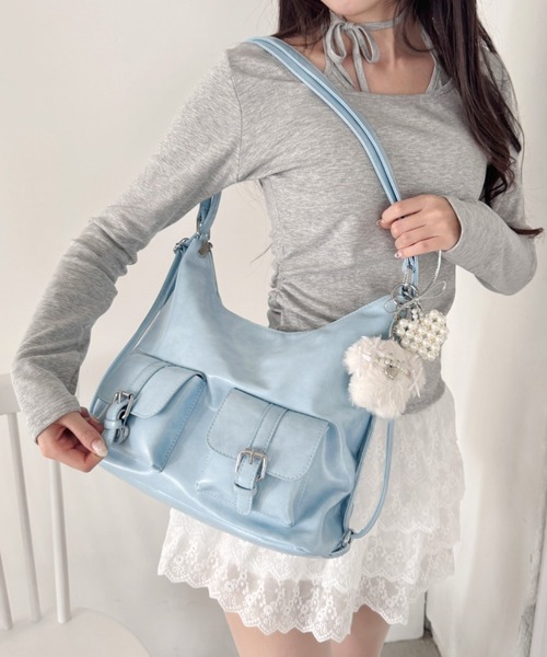 Loueme(ルエム)の「ダブルポケット3WAYショルダーバッグ(ショルダーバッグ・レディース・ブラック/ブラウン/ライトブルー/ピンク/アイボリー・FREE)」の4枚目の写真