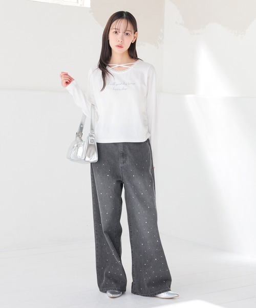 Honeys(ハニーズ)の「レース付クロストップス(Tシャツ/カットソー・レディース・ブラック/杢グレー/ピンク/ホワイト・L/M/S/SS)」の6枚目の写真