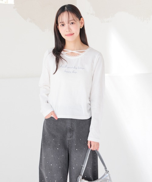 Honeys(ハニーズ)の「レース付クロストップス(Tシャツ/カットソー・レディース・ブラック/杢グレー/ピンク/ホワイト・L/M/S/SS)」の8枚目の写真