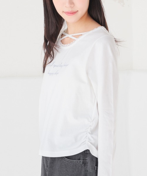 Honeys(ハニーズ)の「レース付クロストップス(Tシャツ/カットソー・レディース・ブラック/杢グレー/ピンク/ホワイト・L/M/S/SS)」の9枚目の写真