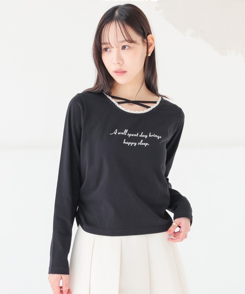 Honeys(ハニーズ)の「レース付クロストップス(Tシャツ/カットソー・レディース・ブラック/杢グレー/ピンク/ホワイト・L/M/S/SS)」の12枚目の写真