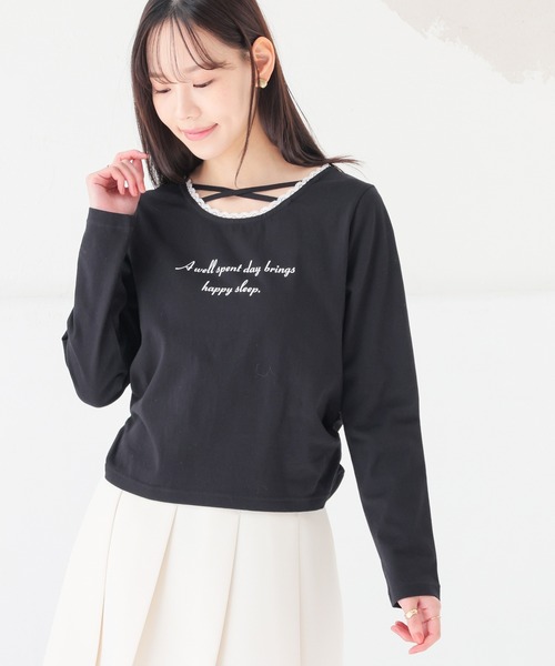 Honeys(ハニーズ)の「レース付クロストップス(Tシャツ/カットソー・レディース・ブラック/杢グレー/ピンク/ホワイト・L/M/S/SS)」の13枚目の写真
