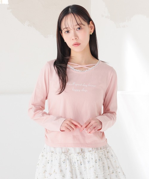 Honeys(ハニーズ)の「レース付クロストップス(Tシャツ/カットソー・レディース・ブラック/杢グレー/ピンク/ホワイト・L/M/S/SS)」の16枚目の写真