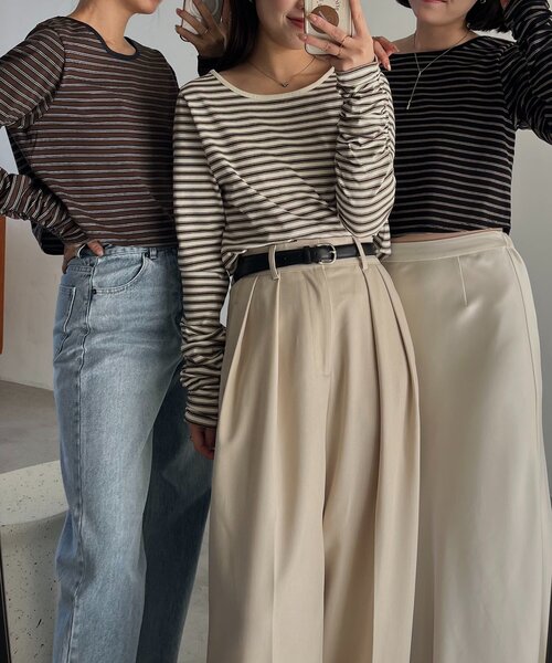 CAPRICIEUX LE'MAGE（カプリシューレマージュ）の「バックUネッククロップボーダーTシャツ（Tシャツ/カットソー・レディース・ブラック/オフホワイト/ブラウン・FREE）」の4枚目の写真