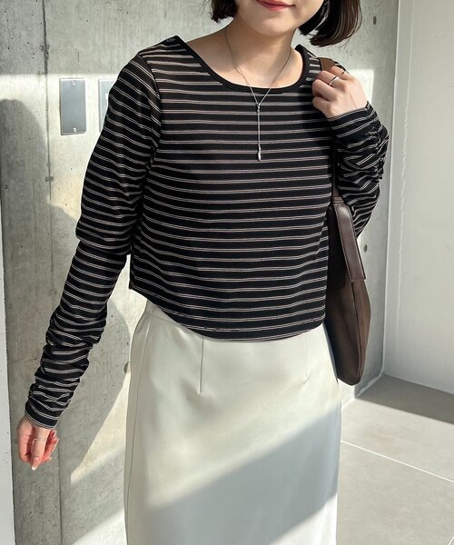 CAPRICIEUX LE'MAGE（カプリシューレマージュ）の「バックUネッククロップボーダーTシャツ（Tシャツ/カットソー・レディース・ブラック/オフホワイト/ブラウン・FREE）」の21枚目の写真