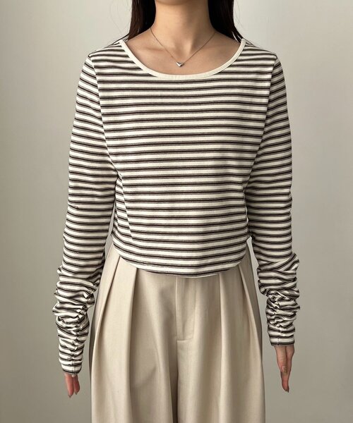 CAPRICIEUX LE'MAGE（カプリシューレマージュ）の「バックUネッククロップボーダーTシャツ（Tシャツ/カットソー・レディース・ブラック/オフホワイト/ブラウン・FREE）」の22枚目の写真