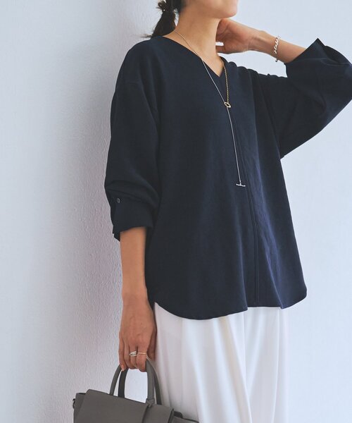 LIVETART（リヴェタート）の「《LIVETART》ヴィンテージジョーゼットVプルオーバー（シャツ/ブラウス・レディース・ネイビー/モカ・FREE）」の6枚目の写真