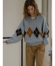 Wool blended argyle v-neck knit [TIWT02SW05]_2color