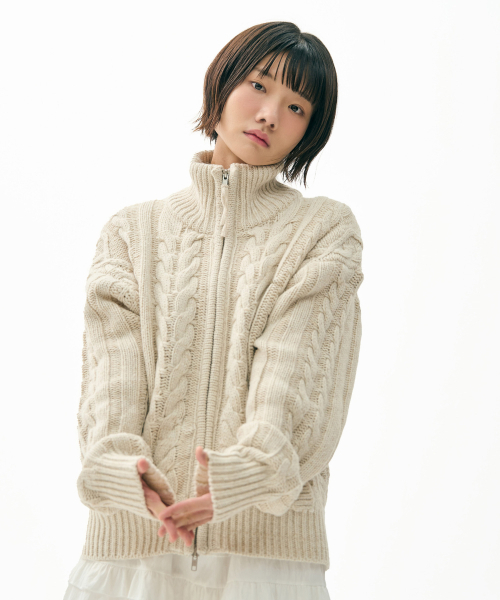 Heavy Cable Zip‑Up Knit Cardigan — кардиган на молнии, овсяный