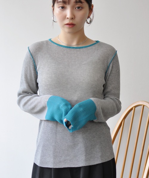 Meli rich(メリーリッチ)の「麻タッチ配色ニットプルオーバー(ニット/セーター・レディース・グレー/チャコールグレー・FREE)」の14枚目の写真