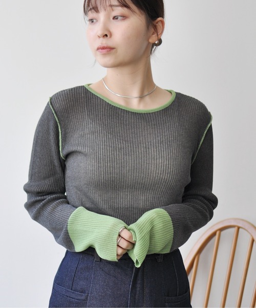 Meli rich(メリーリッチ)の「麻タッチ配色ニットプルオーバー(ニット/セーター・レディース・グレー/チャコールグレー・FREE)」の3枚目の写真