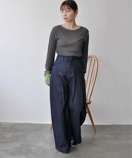 Meli rich(メリーリッチ)の「麻タッチ配色ニットプルオーバー(ニット/セーター・レディース・グレー/チャコールグレー・FREE)」の11枚目の写真