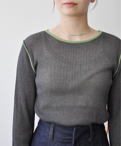 Meli rich(メリーリッチ)の「麻タッチ配色ニットプルオーバー(ニット/セーター・レディース・グレー/チャコールグレー・FREE)」の4枚目の写真