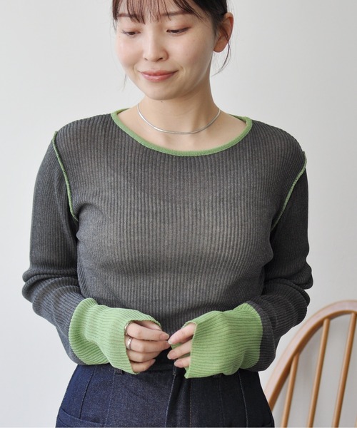 Meli rich(メリーリッチ)の「麻タッチ配色ニットプルオーバー(ニット/セーター・レディース・グレー/チャコールグレー・FREE)」の5枚目の写真