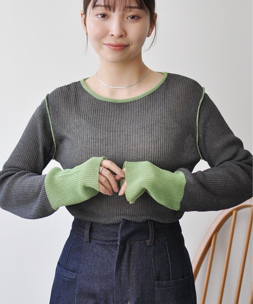 Meli rich(メリーリッチ)の「麻タッチ配色ニットプルオーバー(ニット/セーター・レディース・グレー/チャコールグレー・FREE)」の6枚目の写真