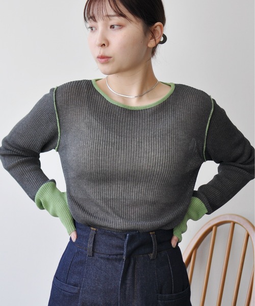 Meli rich(メリーリッチ)の「麻タッチ配色ニットプルオーバー(ニット/セーター・レディース・グレー/チャコールグレー・FREE)」の7枚目の写真