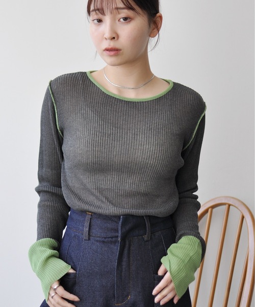 Meli rich(メリーリッチ)の「麻タッチ配色ニットプルオーバー(ニット/セーター・レディース・グレー/チャコールグレー・FREE)」の8枚目の写真