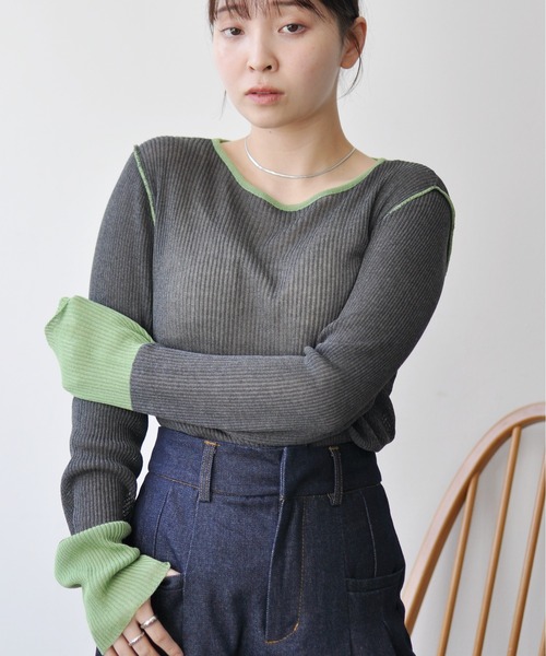 Meli rich(メリーリッチ)の「麻タッチ配色ニットプルオーバー(ニット/セーター・レディース・グレー/チャコールグレー・FREE)」の9枚目の写真