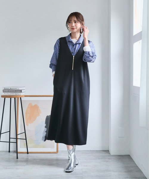 SMILE LAND(スマイルランド)の「<大きいサイズ>ダンボールニットハーフジップジャンパースカート(ワンピース・レディース・ブラック/ターコイズブルー系・5L/4L/3L/LL/L)」の4枚目の写真