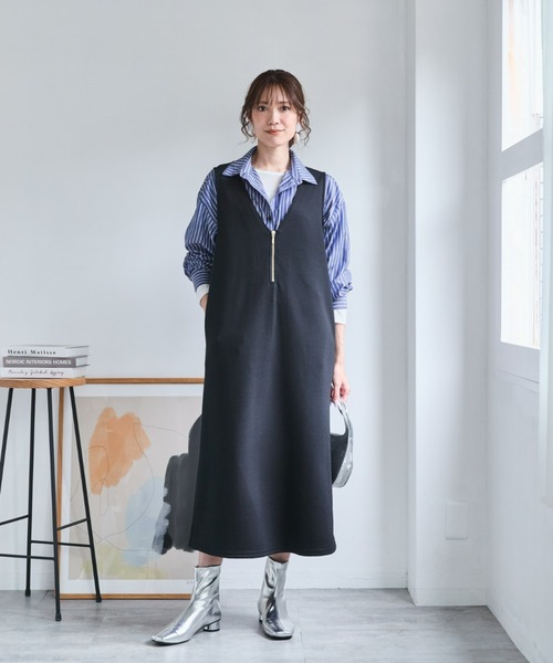 SMILE LAND(スマイルランド)の「<大きいサイズ>ダンボールニットハーフジップジャンパースカート(ワンピース・レディース・ブラック/ターコイズブルー系・5L/4L/3L/LL/L)」の5枚目の写真