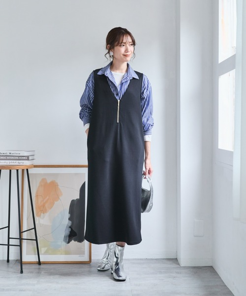 SMILE LAND(スマイルランド)の「<大きいサイズ>ダンボールニットハーフジップジャンパースカート(ワンピース・レディース・ブラック/ターコイズブルー系・5L/4L/3L/LL/L)」の6枚目の写真