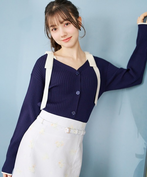 31 Sons de mode(トランテアン ソン ドゥ モード)の「2026春夏新作 肩リボン配色ニット(ニット/セーター・レディース・ネイビー/オフホワイト/ライトグリーン・フリ-)」の3枚目の写真