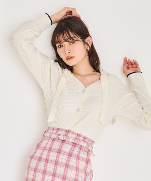 31 Sons de mode(トランテアン ソン ドゥ モード)の「2026春夏新作 肩リボン配色ニット(ニット/セーター・レディース・ネイビー/オフホワイト/ライトグリーン・フリ-)」の2枚目の写真