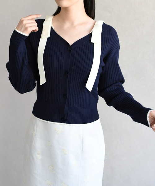 31 Sons de mode(トランテアン ソン ドゥ モード)の「2026春夏新作 肩リボン配色ニット(ニット/セーター・レディース・ネイビー/オフホワイト/ライトグリーン・フリ-)」の9枚目の写真