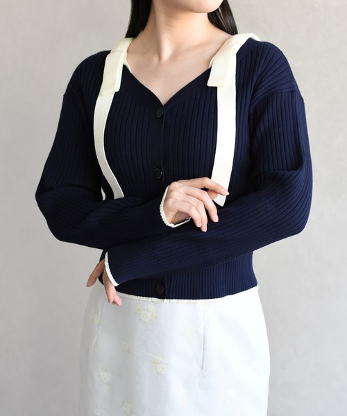 31 Sons de mode(トランテアン ソン ドゥ モード)の「2026春夏新作 肩リボン配色ニット(ニット/セーター・レディース・ネイビー/オフホワイト/ライトグリーン・フリ-)」の10枚目の写真