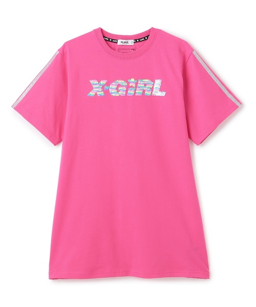 X-girl Stages(エックスガールステージス)の「スパンコール刺しゅう 半袖Tワンピース(ワンピース・キッズ・スモークピンク/ブラック/レモンイエロー・130cm/140cm/90cm/100cm/110cm/120cm)」の1枚目の写真