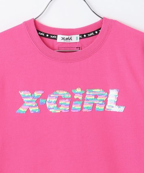 X-girl Stages(エックスガールステージス)の「スパンコール刺しゅう 半袖Tワンピース(ワンピース・キッズ・スモークピンク/ブラック/レモンイエロー・130cm/140cm/90cm/100cm/110cm/120cm)」の5枚目の写真