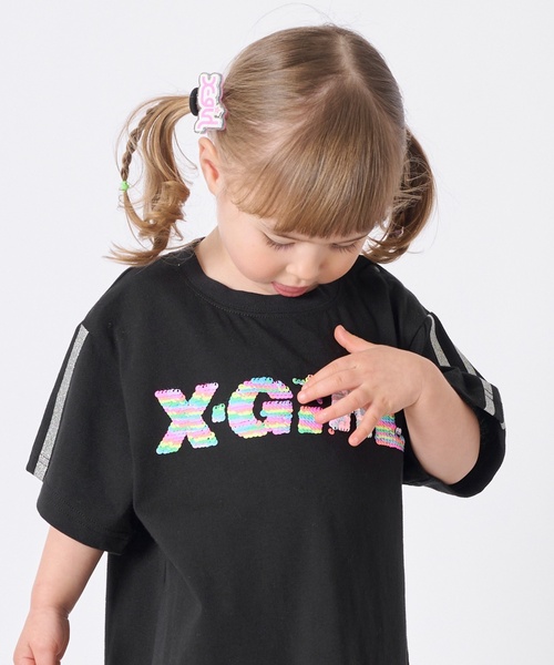 X-girl Stages(エックスガールステージス)の「スパンコール刺しゅう 半袖Tワンピース(ワンピース・キッズ・スモークピンク/ブラック/レモンイエロー・130cm/140cm/90cm/100cm/110cm/120cm)」の19枚目の写真