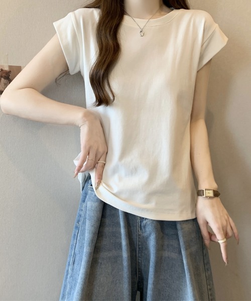 2ly2(トゥーリートゥー)の「シンプルフレンチスリーブTシャツ / ベーシッククルーネックカットソー(Tシャツ/カットソー・レディース・ピンク/ホワイト・FREE)」の14枚目の写真
