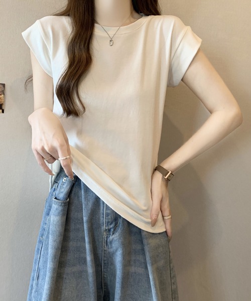 2ly2(トゥーリートゥー)の「シンプルフレンチスリーブTシャツ / ベーシッククルーネックカットソー(Tシャツ/カットソー・レディース・ピンク/ホワイト・FREE)」の15枚目の写真