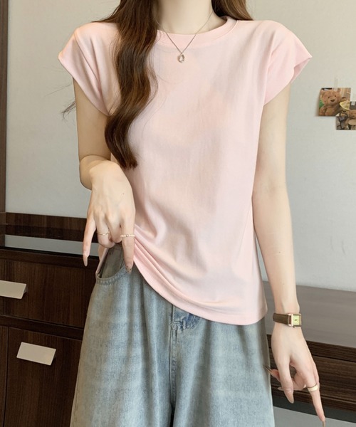 2ly2(トゥーリートゥー)の「シンプルフレンチスリーブTシャツ / ベーシッククルーネックカットソー(Tシャツ/カットソー・レディース・ピンク/ホワイト・FREE)」の17枚目の写真