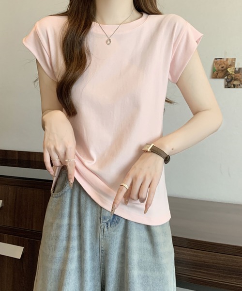 2ly2(トゥーリートゥー)の「シンプルフレンチスリーブTシャツ / ベーシッククルーネックカットソー(Tシャツ/カットソー・レディース・ピンク/ホワイト・FREE)」の18枚目の写真