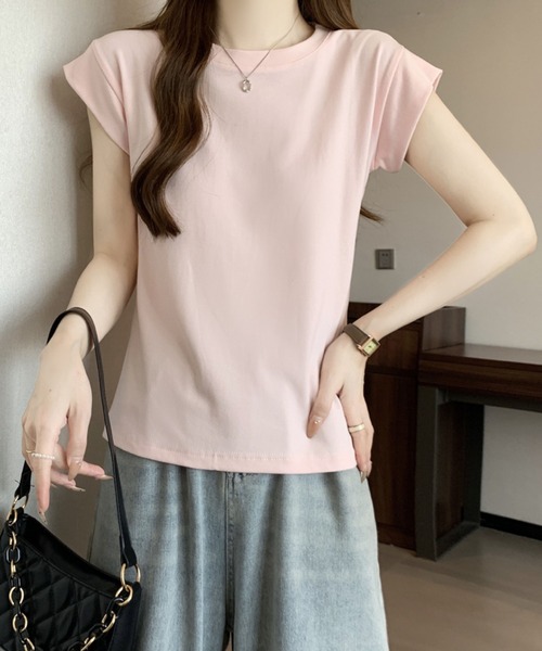 2ly2(トゥーリートゥー)の「シンプルフレンチスリーブTシャツ / ベーシッククルーネックカットソー(Tシャツ/カットソー・レディース・ピンク/ホワイト・FREE)」の3枚目の写真