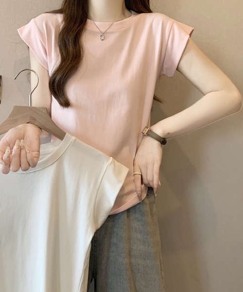 2ly2(トゥーリートゥー)の「シンプルフレンチスリーブTシャツ / ベーシッククルーネックカットソー(Tシャツ/カットソー・レディース・ピンク/ホワイト・FREE)」の8枚目の写真