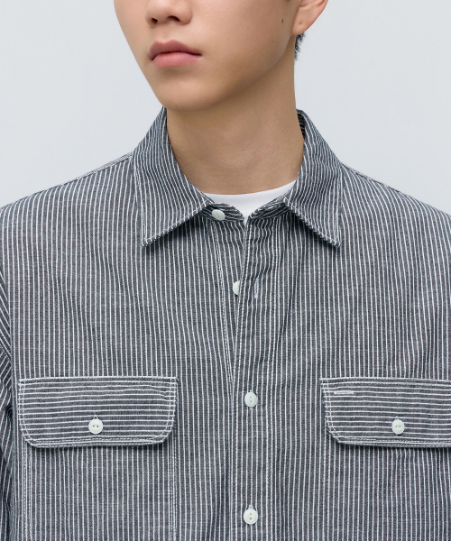 MUSINSA STANDARD（ムシンサスタンダード）の「ストライプワークシャツ [ダークネイビー/ストライプ]（シャツ/ブラウス・メンズ・その他・SMALL/MEDIUM/LARGE/X-LARGE/2XL）」の4枚目の写真