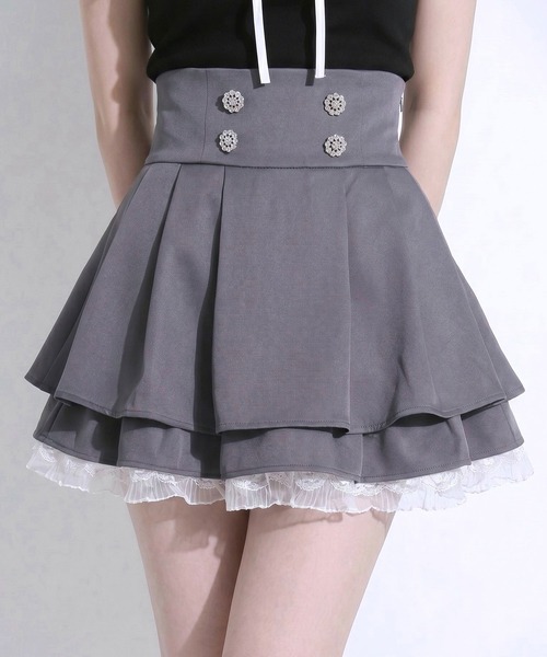 DearMyLoveRose（ディアマイラブローズ）の「ビジューボタンハイウエストタックレースフリルミニスカート【大きいサイズあり】（スカート・レディース・ベージュ/グレー/ブラック・LL～3L/L～LL/M-L）」の3枚目の写真