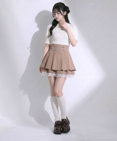 DearMyLoveRose（ディアマイラブローズ）の「ビジューボタンハイウエストタックレースフリルミニスカート【大きいサイズあり】（スカート・レディース・ベージュ/グレー/ブラック・LL～3L/L～LL/M-L）」の6枚目の写真