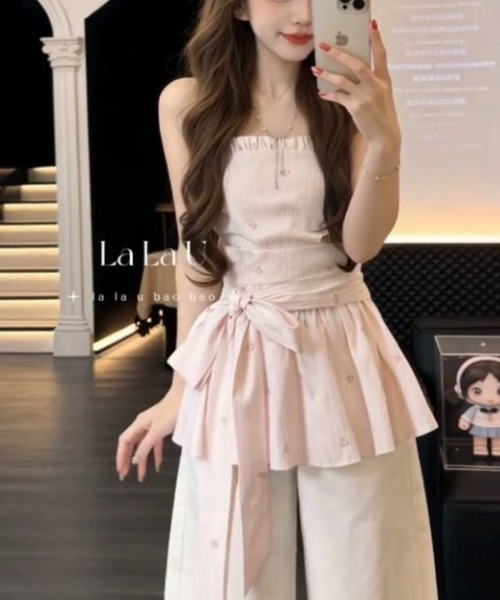 LUCPY(ラクピー)の「リボンペプラムキャミトップス(キャミソール・レディース・ピンク・X-LARGE/LARGE/MEDIUM/SMALL)」の1枚目の写真