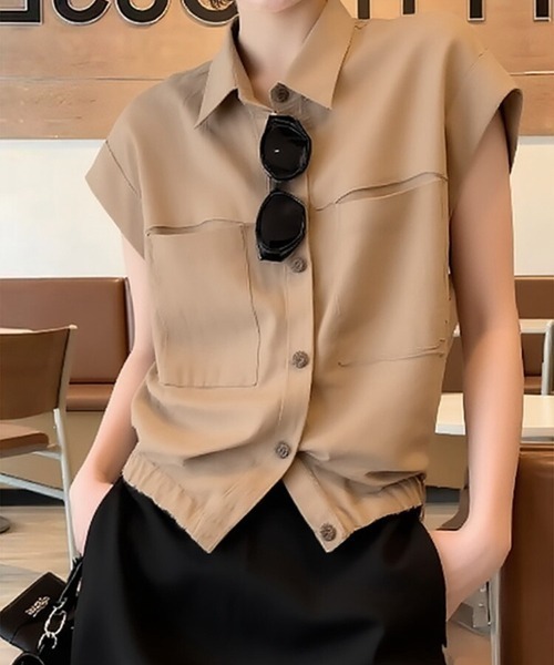 AMAJI(アマジ)の「ポロカラー 半袖ブラウス(シャツ/ブラウス・レディース・キャメル・SMALL/X-LARGE/LARGE/MEDIUM)」の1枚目の写真