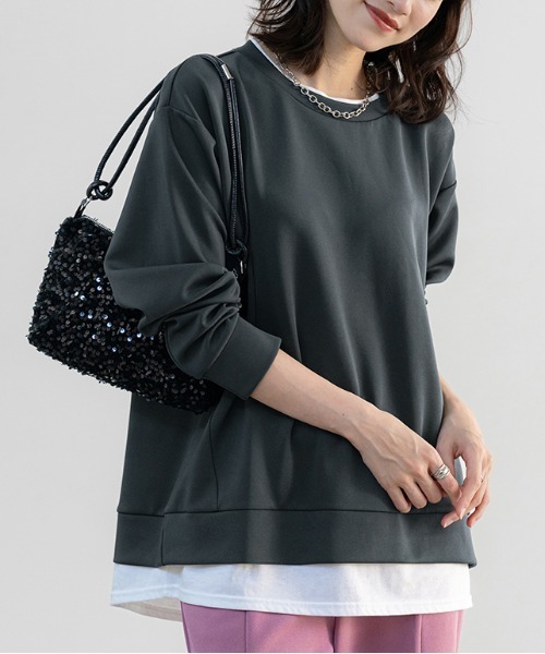BELLUNA PLUS(ベルーナ)の「重ね着風とろみ素材プルオーバー(Tシャツ/カットソー・レディース・ラベンダー/ブルー/チャコール/モカ・MEDIUM/X-LARGE/LARGE)」の1枚目の写真