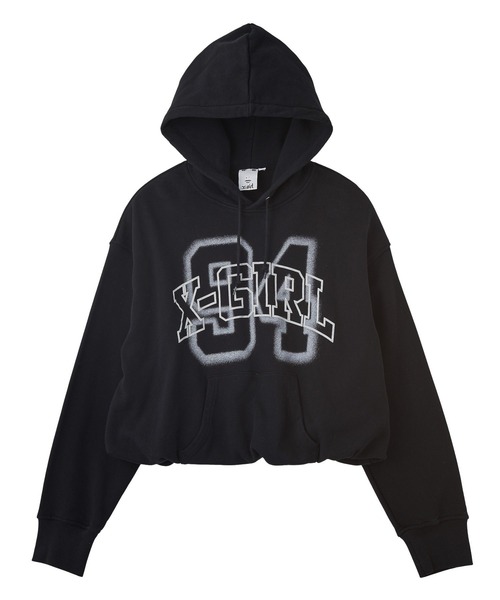 X-girl(エックスガール)の「FLOCKED SPRAY LOGO BALLOON HEM SWEAT HOODIE(パーカー・レディース・パープル/ブラウン/ブラック・S/M)」の2枚目の写真