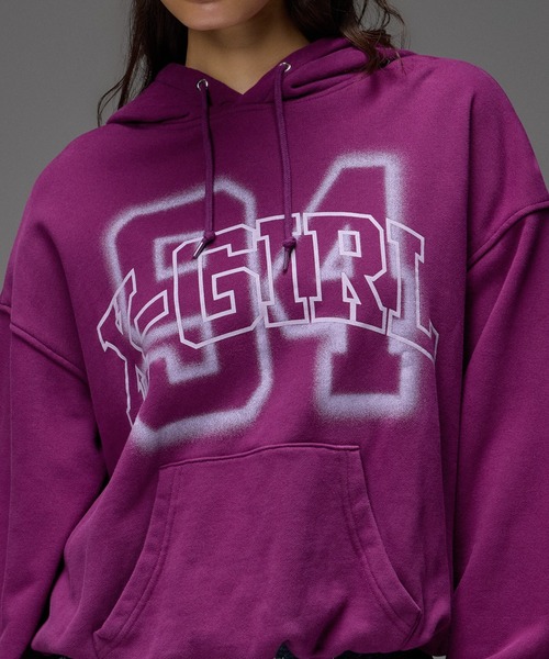 X-girl(エックスガール)の「FLOCKED SPRAY LOGO BALLOON HEM SWEAT HOODIE(パーカー・レディース・パープル/ブラウン/ブラック・S/M)」の8枚目の写真