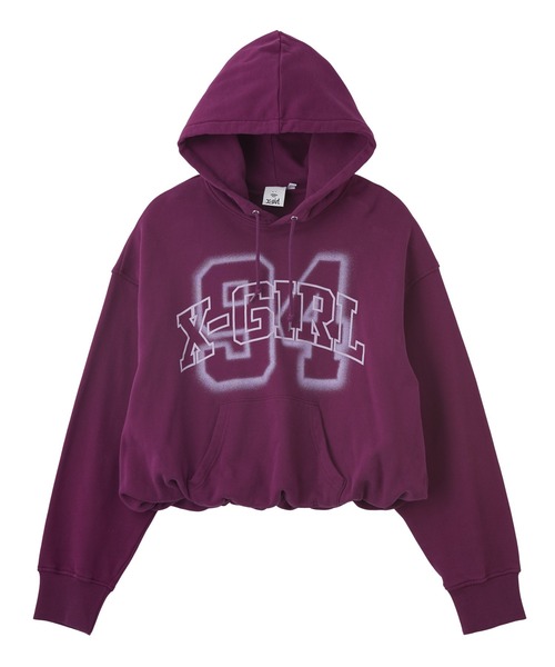 X-girl(エックスガール)の「FLOCKED SPRAY LOGO BALLOON HEM SWEAT HOODIE(パーカー・レディース・パープル/ブラウン/ブラック・S/M)」の9枚目の写真