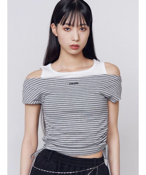 EMODA(エモダ)の「レイヤードレープクロップドトップ(Tシャツ/カットソー・レディース・ブラック/ホワイト/グレー・FREE)」の3枚目の写真