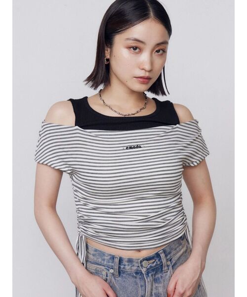 EMODA(エモダ)の「レイヤードレープクロップドトップ(Tシャツ/カットソー・レディース・ブラック/ホワイト/グレー・FREE)」の1枚目の写真
